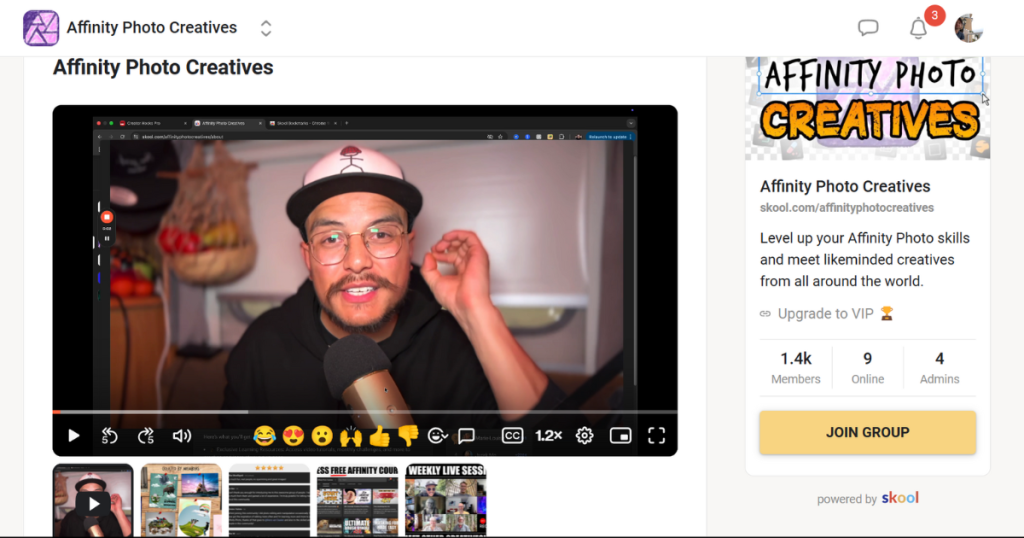 Skool community about page affinity photo creatives