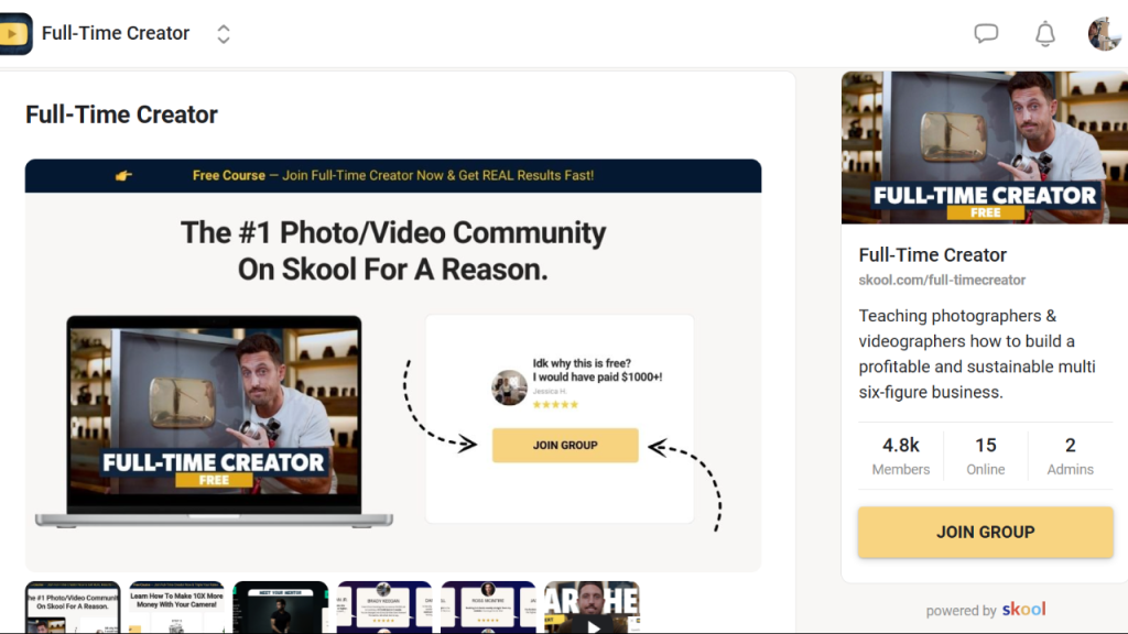 Skool community Full time creator.